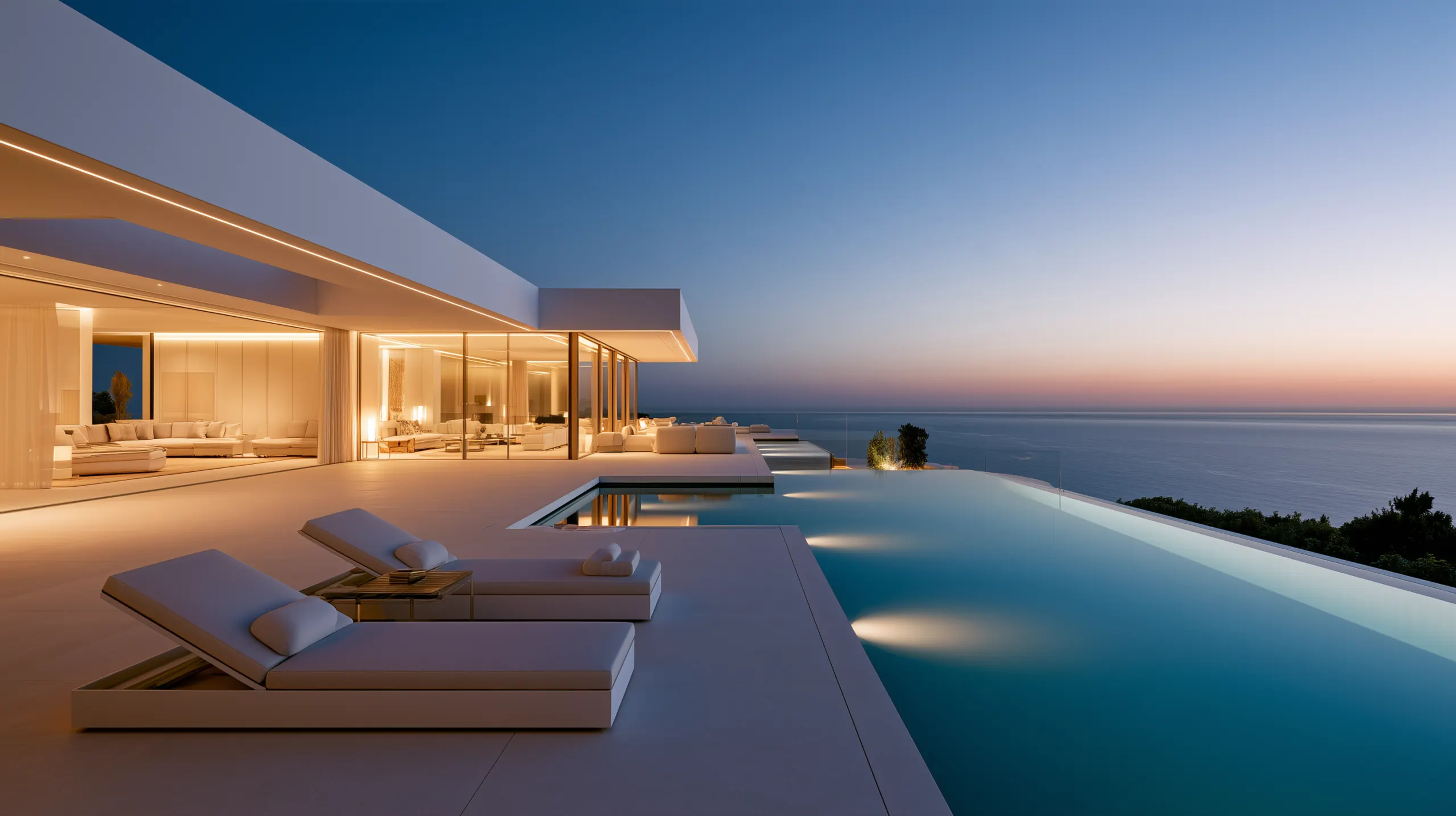 Luxury villa with an infinity pool at dusk, overlooking the sea